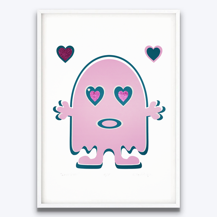 Richard Boyd-Dunlop Love Ghost Screenprint Cartoon Hot Pink Yellow Glitter NZ Art New Zealand Artist