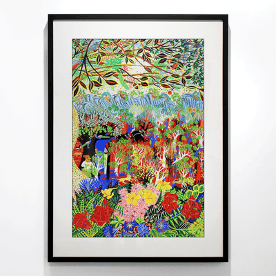 Patrick Tyman gouache on paper 740 x 950 mm framed painting of the jungle titled Ranthambore framed in a white box frame