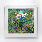 Patrick Tyman oil on paper 800 x 800 mm of the jungle painting titled Rendezvous in a Forest framed in a white box frame