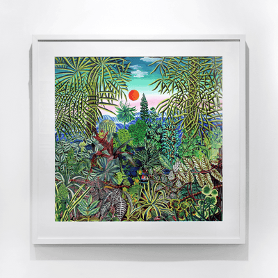 Patrick Tyman oil on paper 800 x 800 mm of the jungle painting titled Rendezvous in a Forest framed in a white box frame