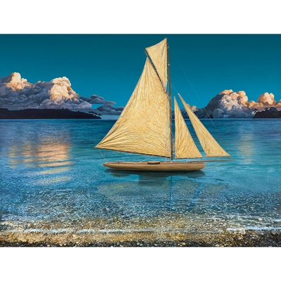 Unframed Sea Breeze of detailed sailing boat next to the shore giclee 310gsm vellum textured fine art paper limited edition print by painter Ross Jones Limited Edition Prints Landscape Surrealism Realism Oil Painting Scenic Artist at Boyd-Dunlop Gallery Napier Hawkes Bay 