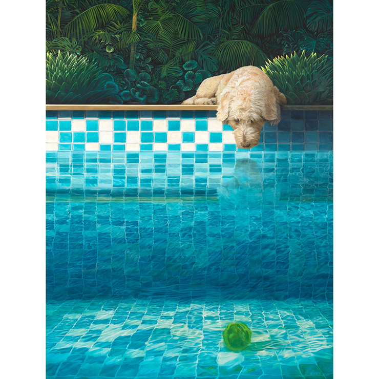 Unframed What Now of dog looking into a swimming pool at his tennis ball a giclee 310gsm vellum textured fine art paper limited edition print by painter Ross Jones Limited Edition Prints Landscape Surrealism Realism Oil Painting Scenic Artist at Boyd-Dunlop Gallery Napier Hawkes Bay