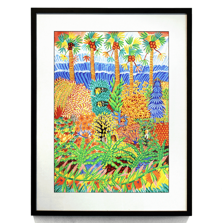 Tropical Garden colourful floral landscape jungle scene framed Patrick Tyman Oil painting Gouache on paper artworks Hawkes Bay Artist