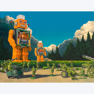 Hold the Line Ross Jones Limited Edition Prints Realism Scenic Artist Nostalgia Toys Army Men Robot Boyd Dunlop Gallery Hawkes Bay Napier Hastings Street