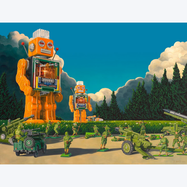 Hold the Line Ross Jones Limited Edition Prints Realism Scenic Artist Nostalgia Toys Army Men Robot Boyd Dunlop Gallery Hawkes Bay Napier Hastings Street