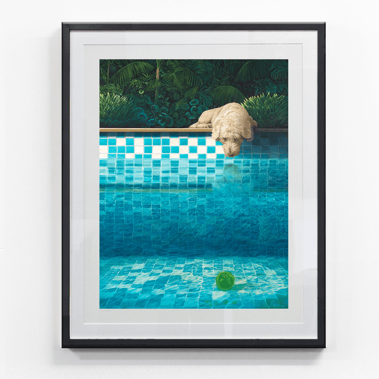 Unframed What Now of dog looking into a swimming pool at his tennis ball a giclee 310gsm vellum textured fine art paper limited edition print by painter Ross Jones Limited Edition Prints Landscape Surrealism Realism Oil Painting Scenic Artist at Boyd-Dunlop Gallery Napier Hawkes Bay