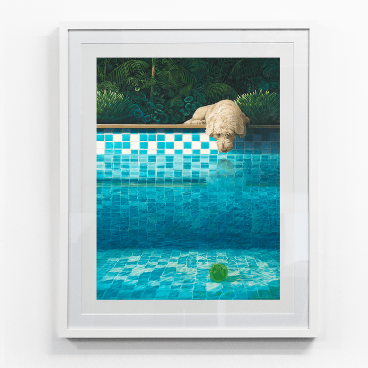 Unframed What Now of dog looking into a swimming pool at his tennis ball a giclee 310gsm vellum textured fine art paper limited edition print by painter Ross Jones Limited Edition Prints Landscape Surrealism Realism Oil Painting Scenic Artist at Boyd-Dunlop Gallery Napier Hawkes Bay