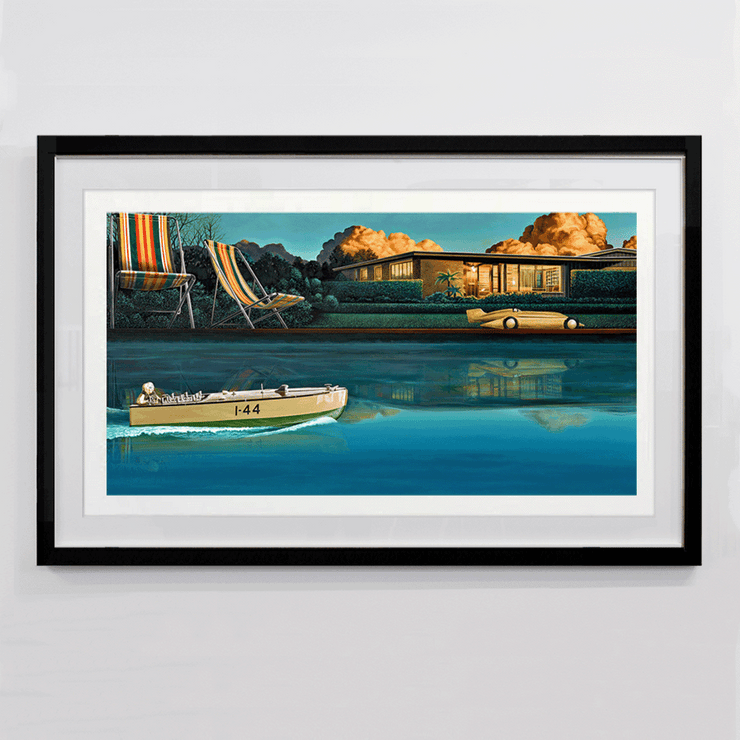 Unframed Winding Down of small boat along pool and toy racecar a giclee 310gsm vellum textured fine art paper limited edition print by painter Ross Jones Limited Edition Prints Landscape Surrealism Realism Oil Painting Scenic Artist at Boyd-Dunlop Gallery Napier Hawkes Bay