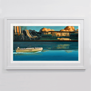 Unframed Winding Down of small boat along pool and toy racecar a giclee 310gsm vellum textured fine art paper limited edition print by painter Ross Jones Limited Edition Prints Landscape Surrealism Realism Oil Painting Scenic Artist at Boyd-Dunlop Gallery Napier Hawkes Bay